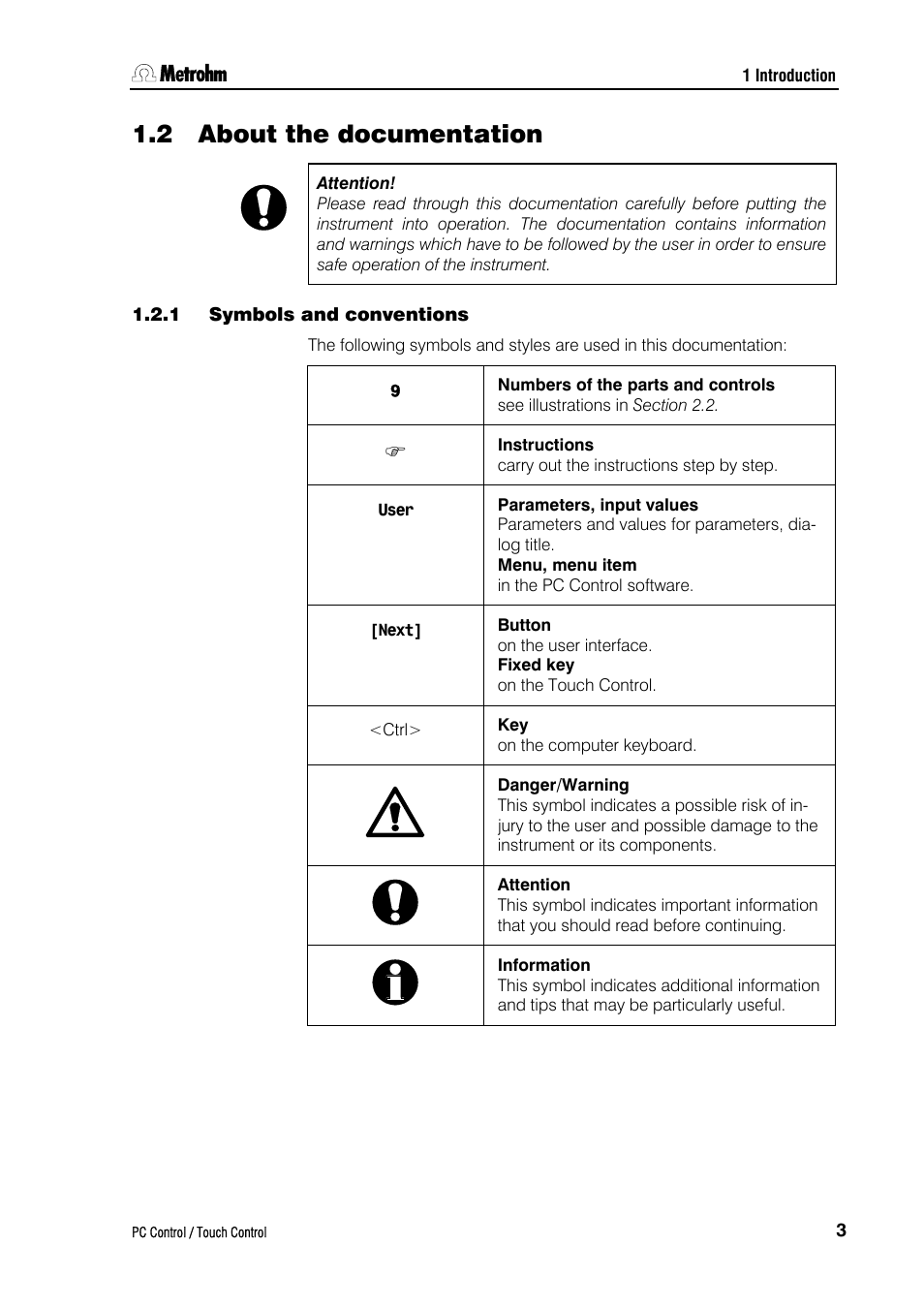 2 about the documentation, 1 symbols and conventions | Metrohm 840 PC Control 5.0 / Touch Control User Manual | Page 15 / 351
