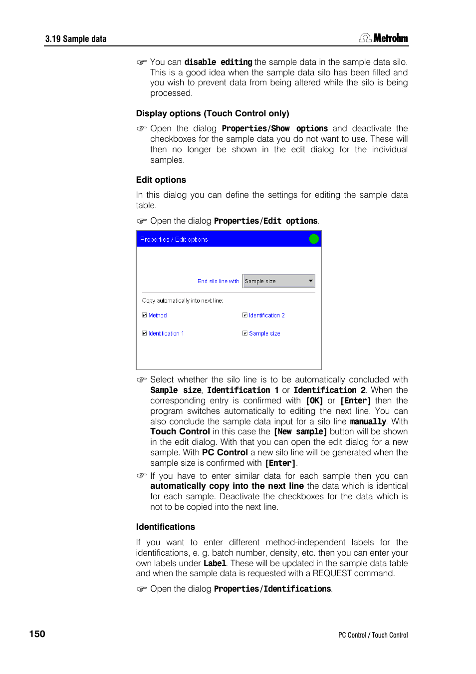 Display options (touch control only), Edit options, Identifications | Metrohm 840 PC Control 5.0 / Touch Control User Manual | Page 162 / 351