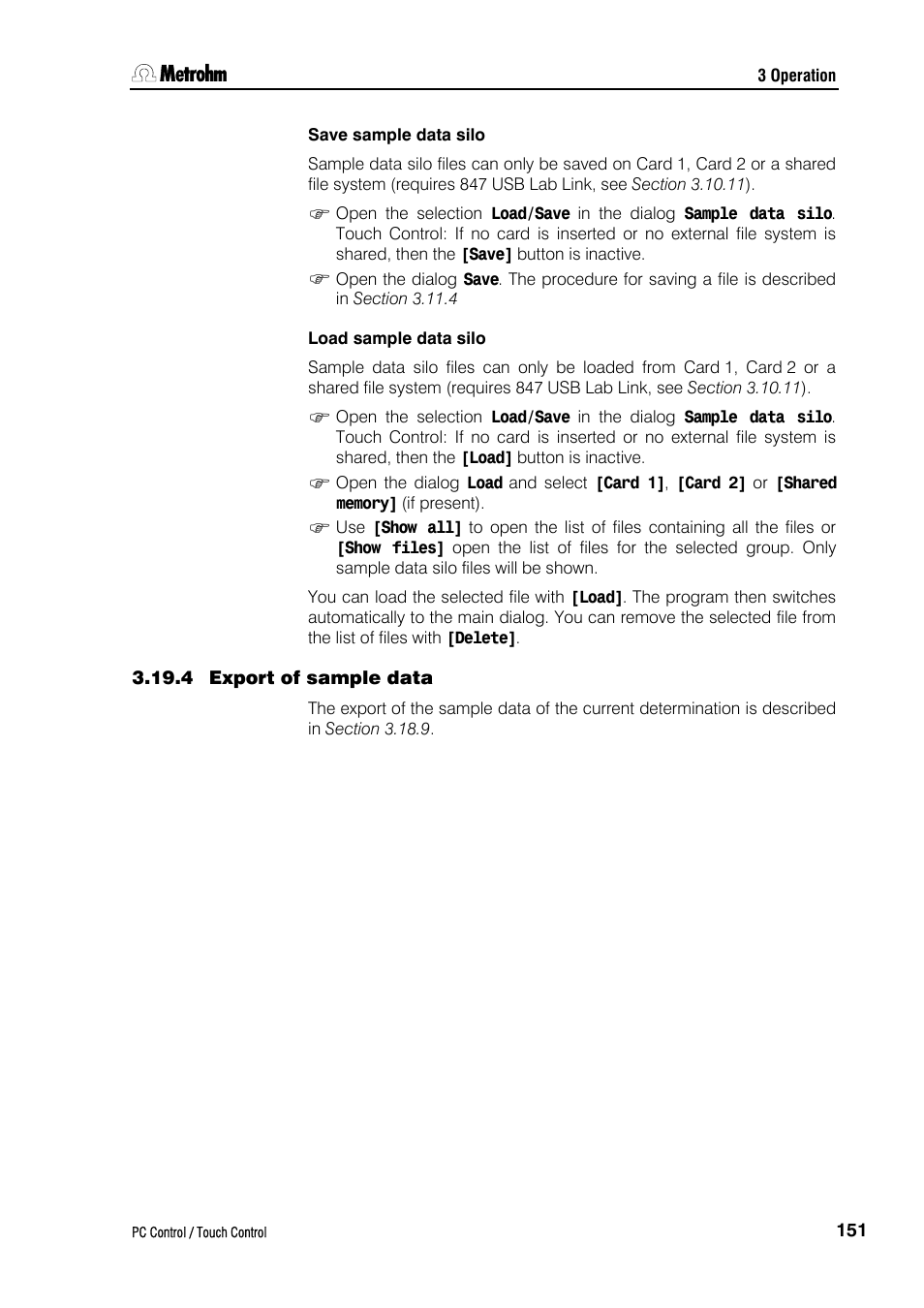 Save sample data silo, Load sample data silo, 4 export of sample data | Metrohm 840 PC Control 5.0 / Touch Control User Manual | Page 163 / 351