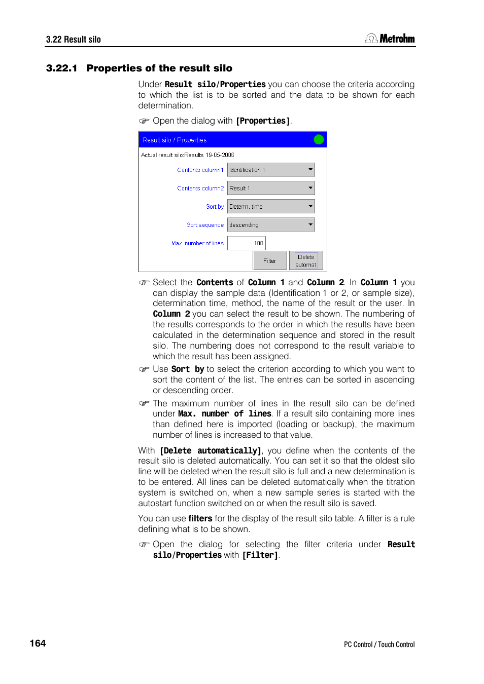 1 properties of the result silo | Metrohm 840 PC Control 5.0 / Touch Control User Manual | Page 176 / 351