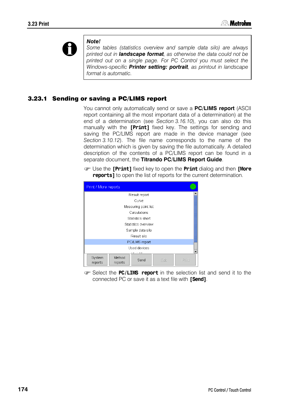 1 sending or saving a pc/lims report | Metrohm 840 PC Control 5.0 / Touch Control User Manual | Page 186 / 351