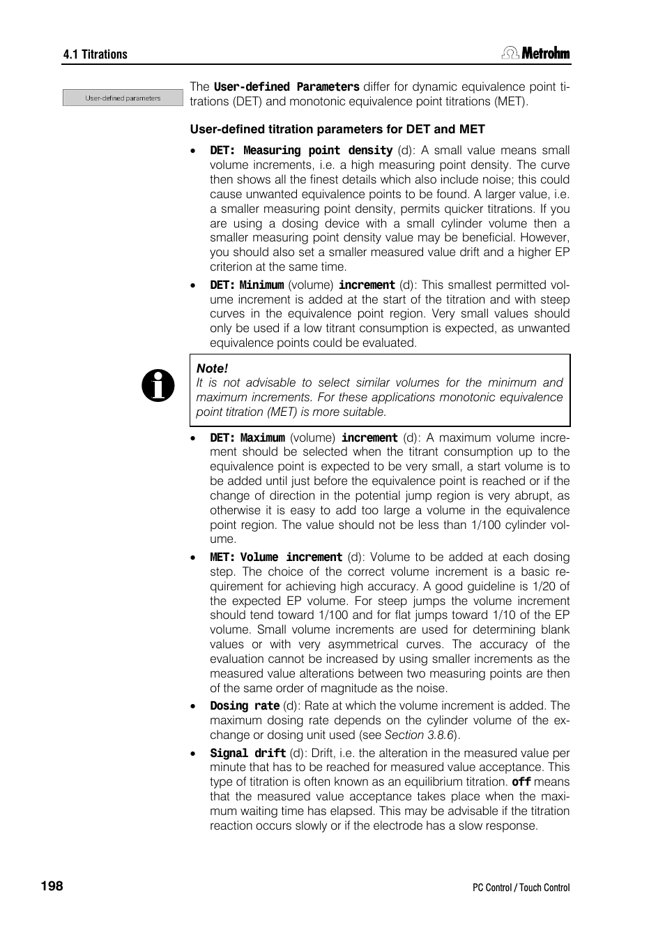 User-defined titration parameters for det and met | Metrohm 840 PC Control 5.0 / Touch Control User Manual | Page 210 / 351