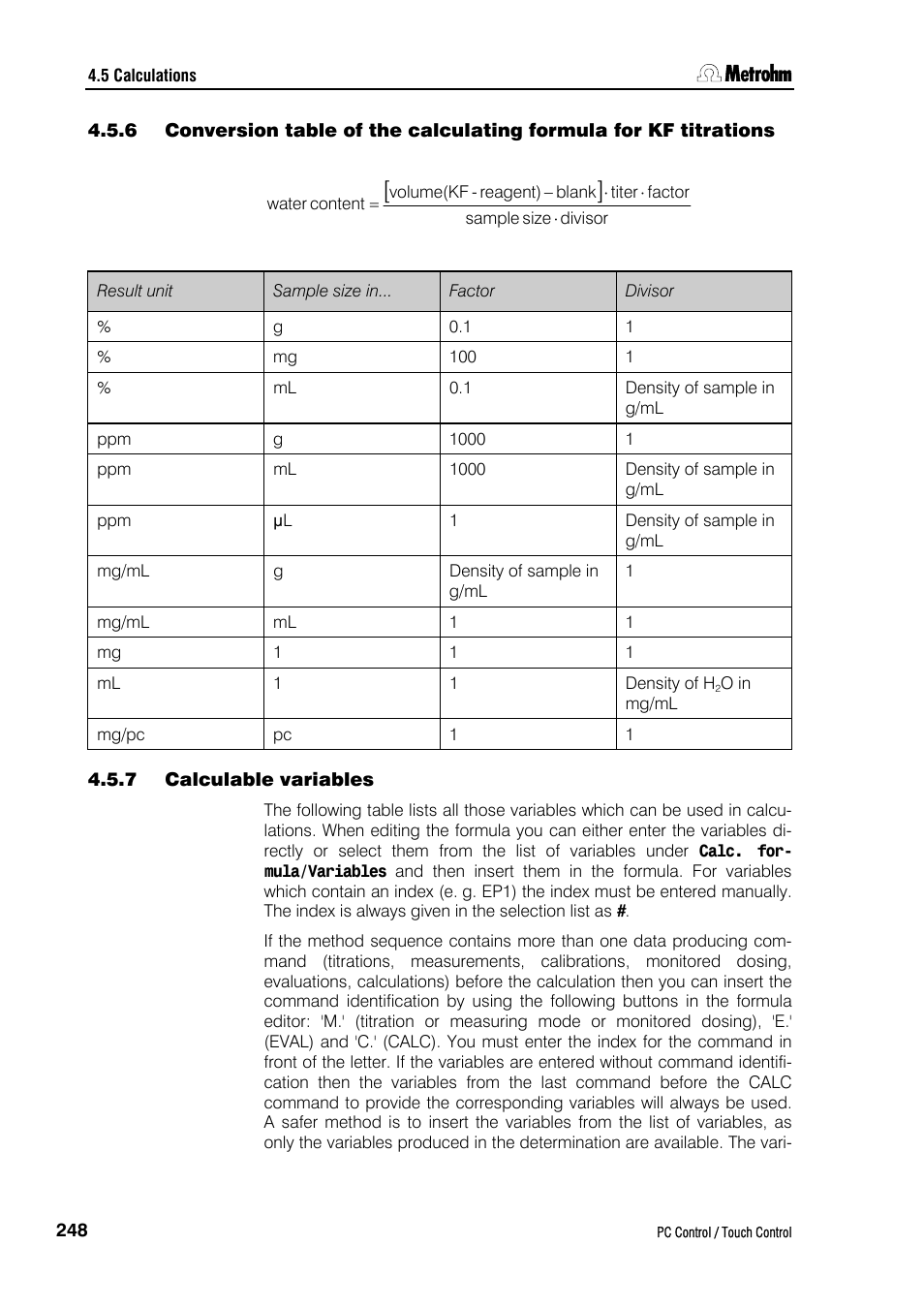 7 calculable variables | Metrohm 840 PC Control 5.0 / Touch Control User Manual | Page 260 / 351