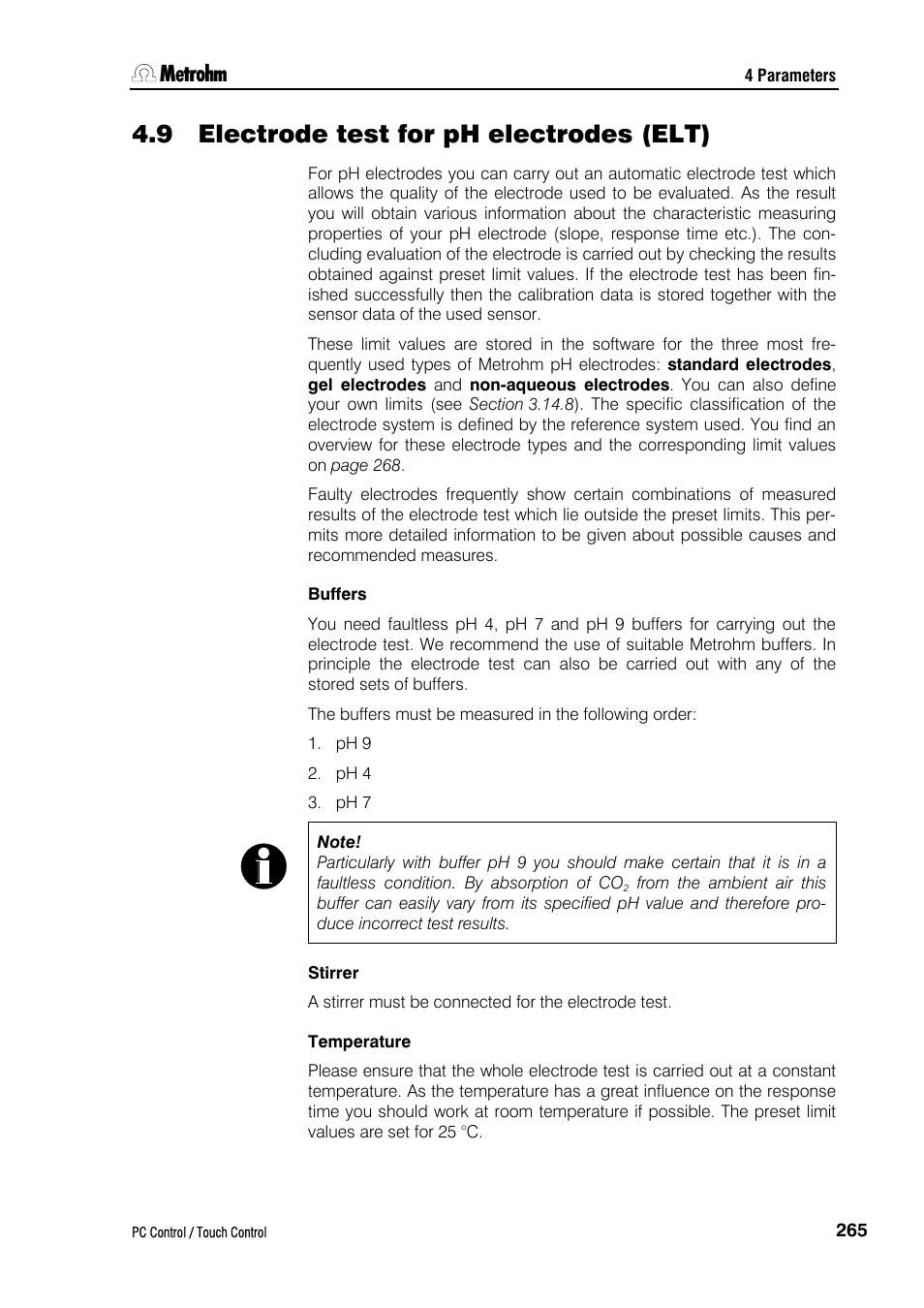 9 electrode test for ph electrodes (elt), Buffers, Stirrer | Temperature | Metrohm 840 PC Control 5.0 / Touch Control User Manual | Page 277 / 351