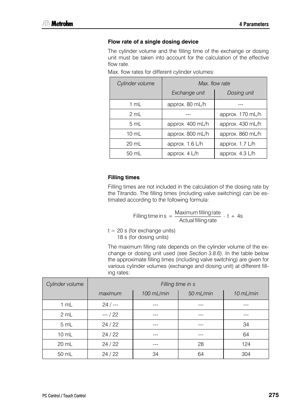 Flow rate of a single dosing device, Filling times | Metrohm 840 PC Control 5.0 / Touch Control User Manual | Page 287 / 351