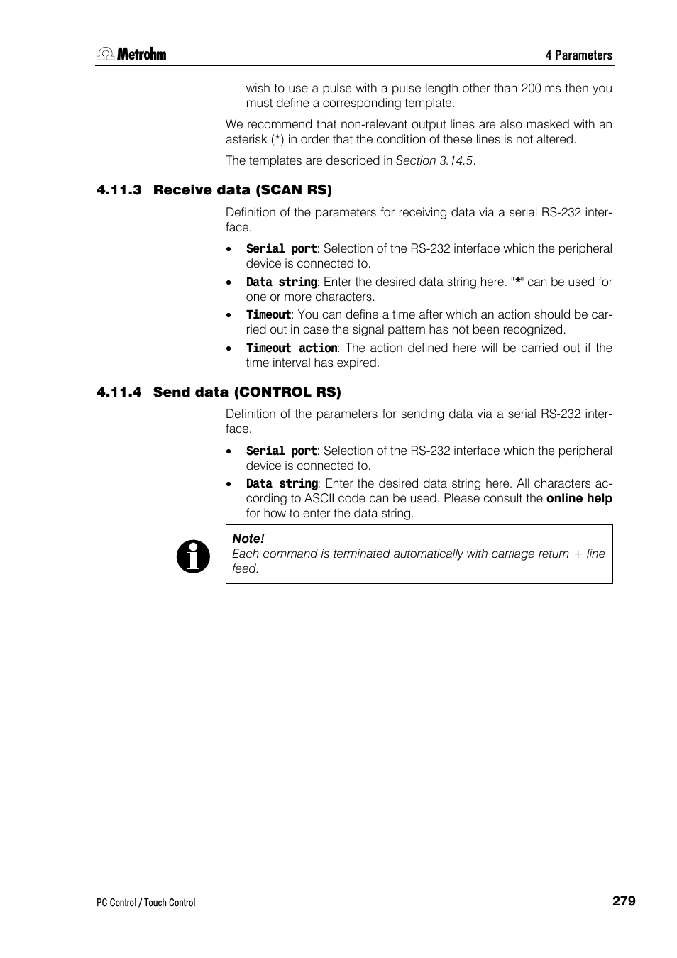 3 receive data (scan rs), 4 send data (control rs) | Metrohm 840 PC Control 5.0 / Touch Control User Manual | Page 291 / 351