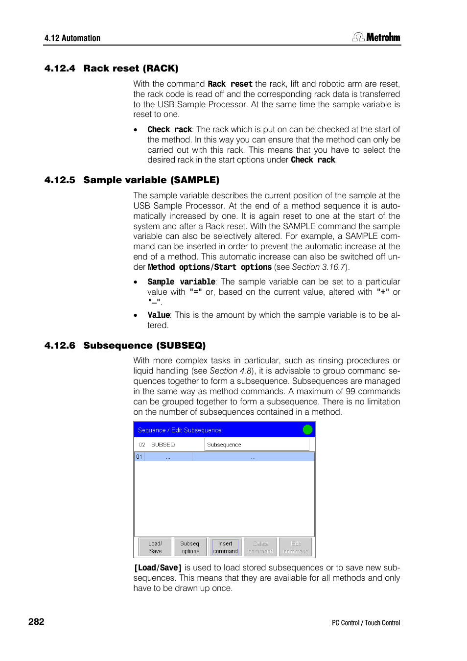 4 rack reset (rack), 5 sample variable (sample), 6 subsequence (subseq) | Ction 4.12.6 | Metrohm 840 PC Control 5.0 / Touch Control User Manual | Page 294 / 351