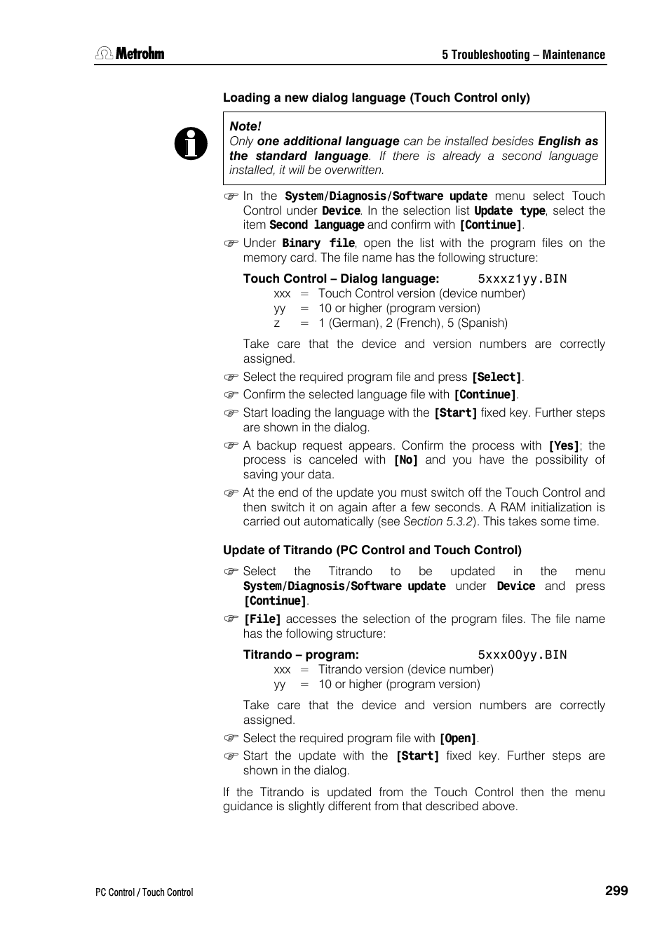 Loading a new dialog language (touch control only), Update of titrando (pc control and touch control) | Metrohm 840 PC Control 5.0 / Touch Control User Manual | Page 311 / 351