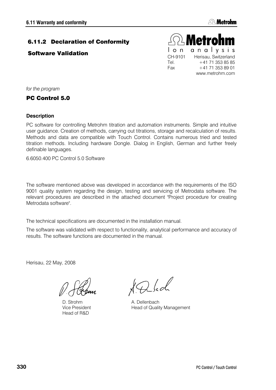 2 declaration of conformity | Metrohm 840 PC Control 5.0 / Touch Control User Manual | Page 342 / 351