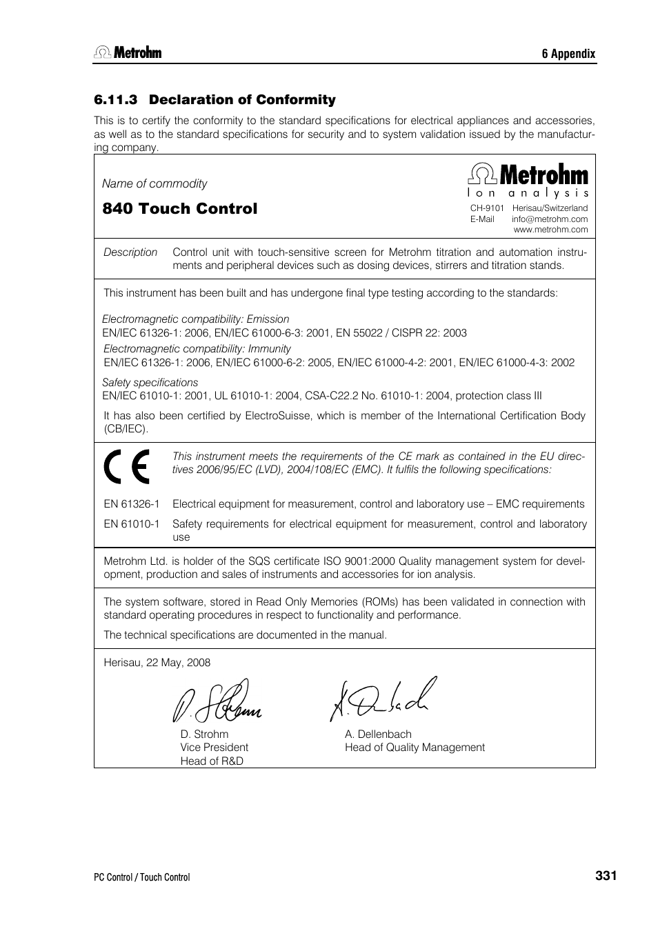 3 declaration of conformity, 840 touch control | Metrohm 840 PC Control 5.0 / Touch Control User Manual | Page 343 / 351