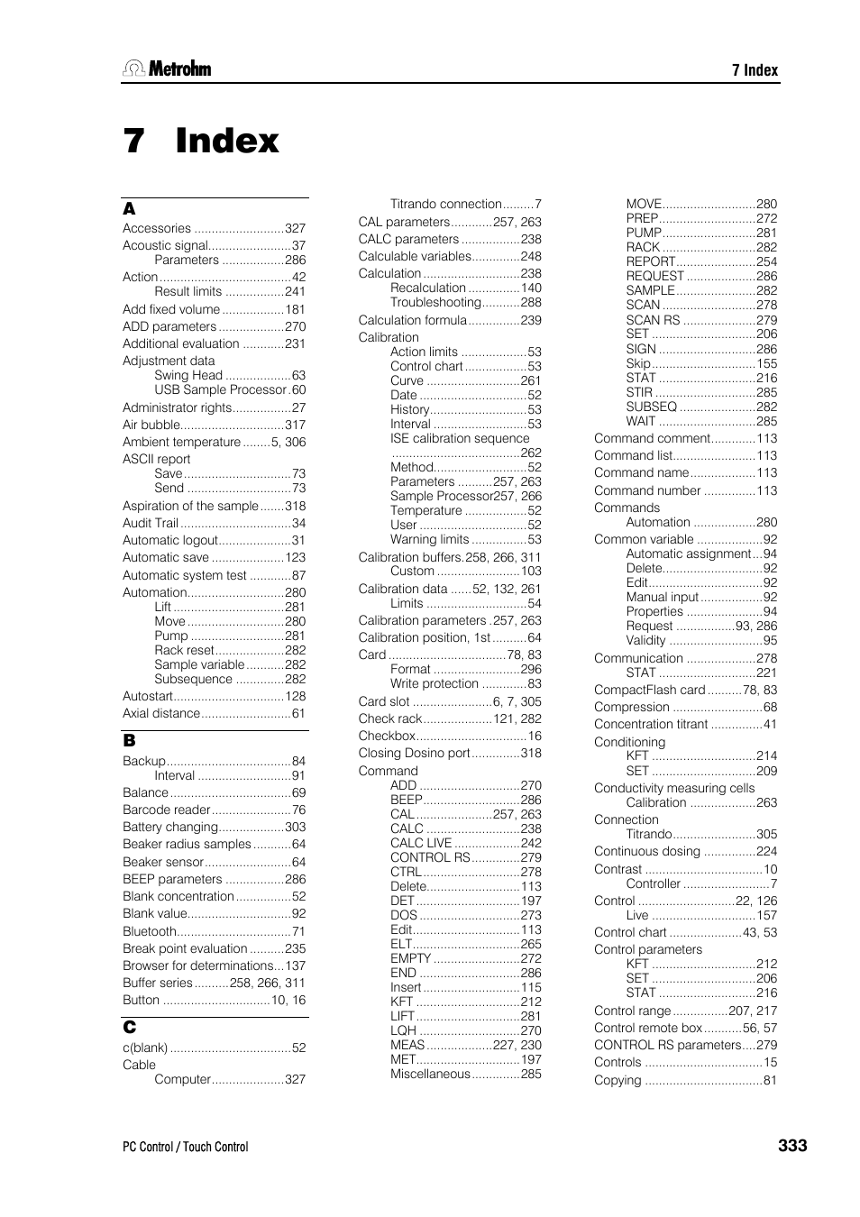 7 index | Metrohm 840 PC Control 5.0 / Touch Control User Manual | Page 345 / 351