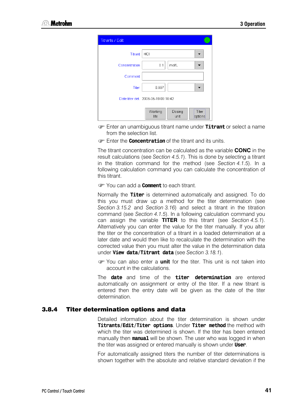 4 titer determination options and data | Metrohm 840 PC Control 5.0 / Touch Control User Manual | Page 53 / 351