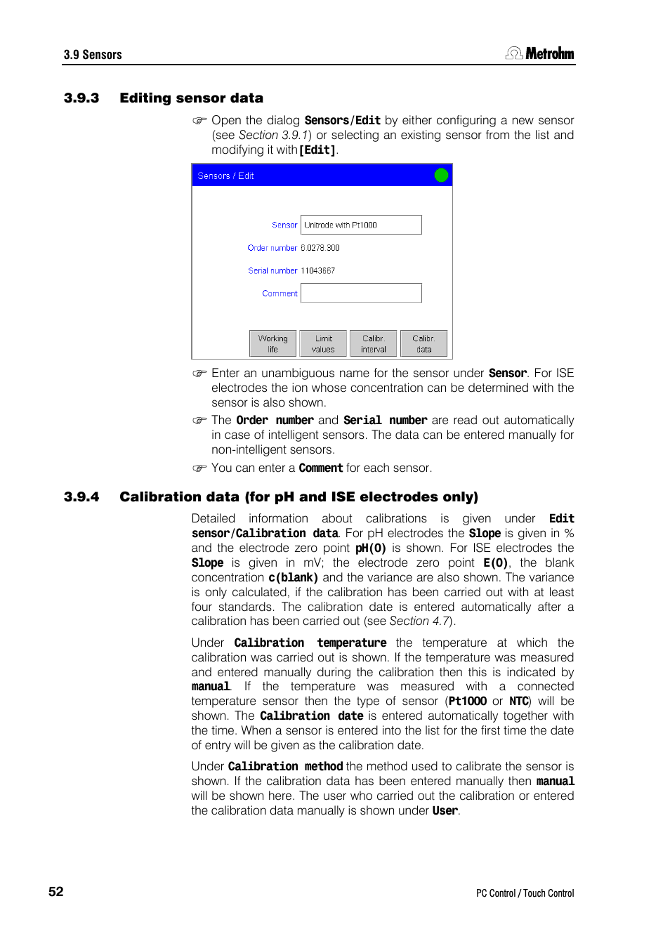 3 editing sensor data | Metrohm 840 PC Control 5.0 / Touch Control User Manual | Page 64 / 351