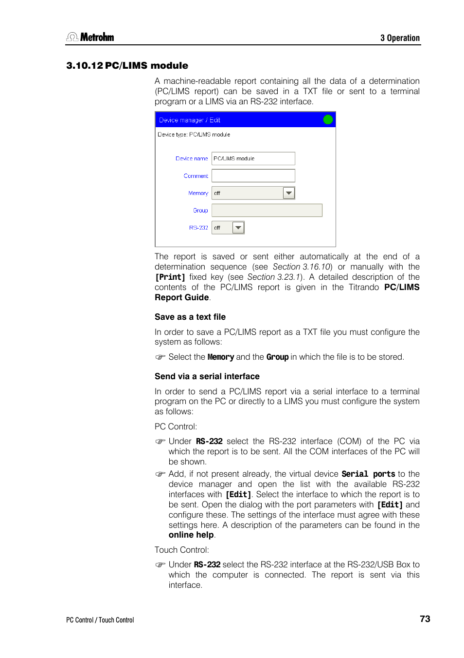 12 pc/lims module, Save as a text file, Send via a serial interface | Metrohm 840 PC Control 5.0 / Touch Control User Manual | Page 85 / 351