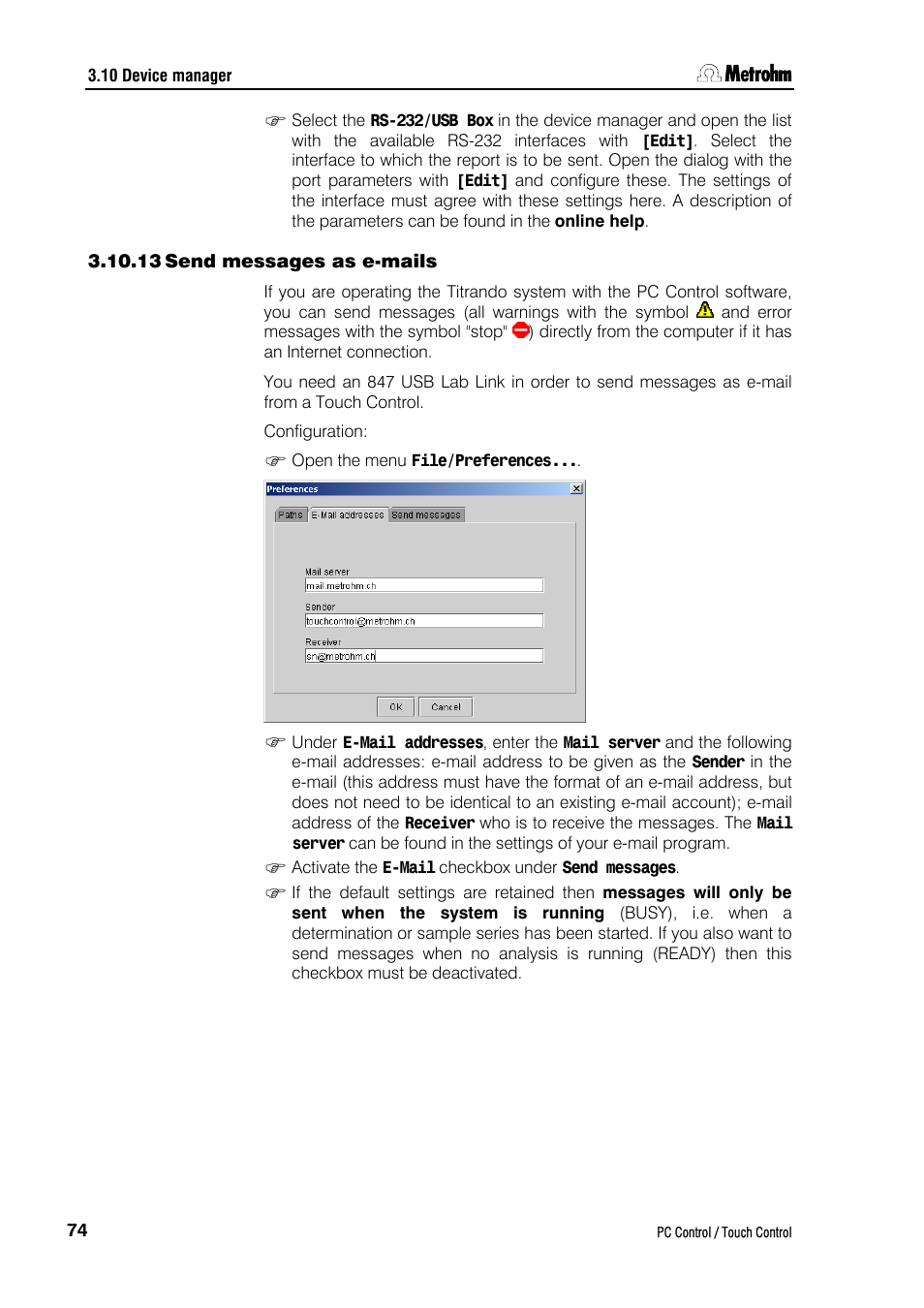 13 send messages as e-mails | Metrohm 840 PC Control 5.0 / Touch Control User Manual | Page 86 / 351