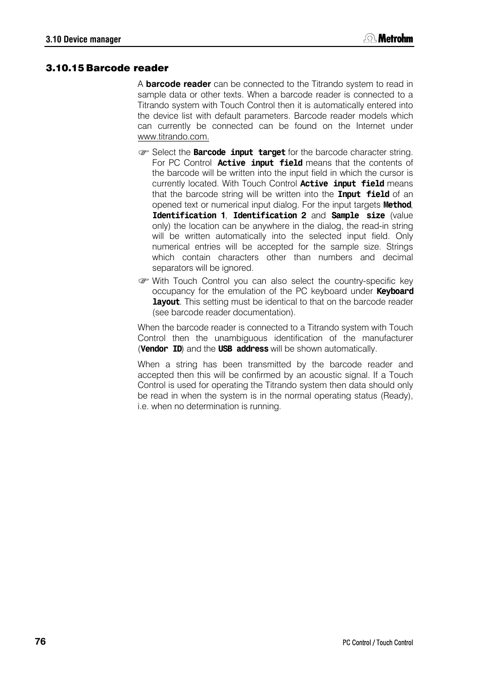 15 barcode reader | Metrohm 840 PC Control 5.0 / Touch Control User Manual | Page 88 / 351