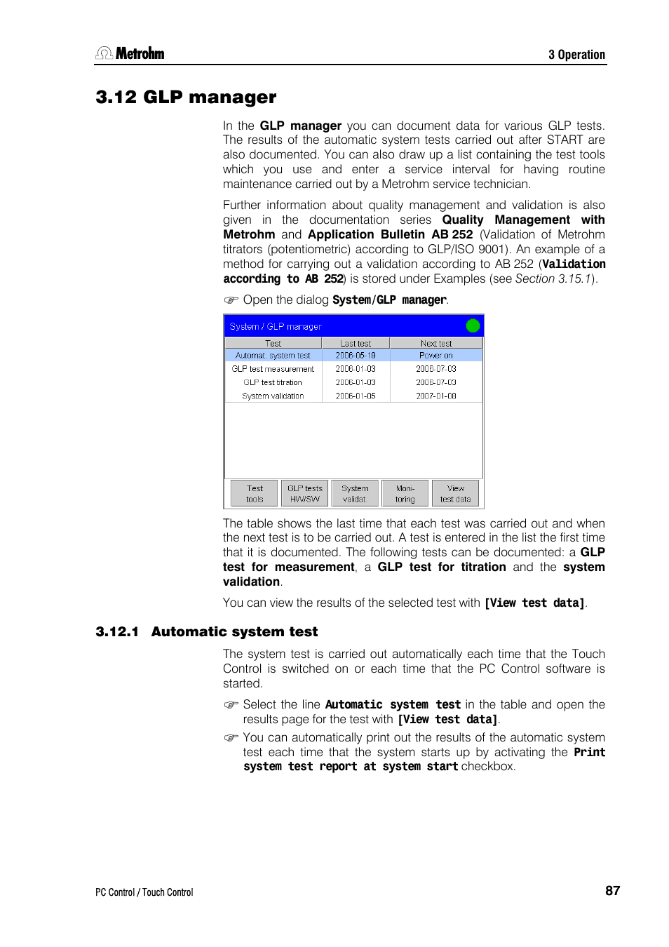 12 glp manager, 1 automatic system test | Metrohm 840 PC Control 5.0 / Touch Control User Manual | Page 99 / 351