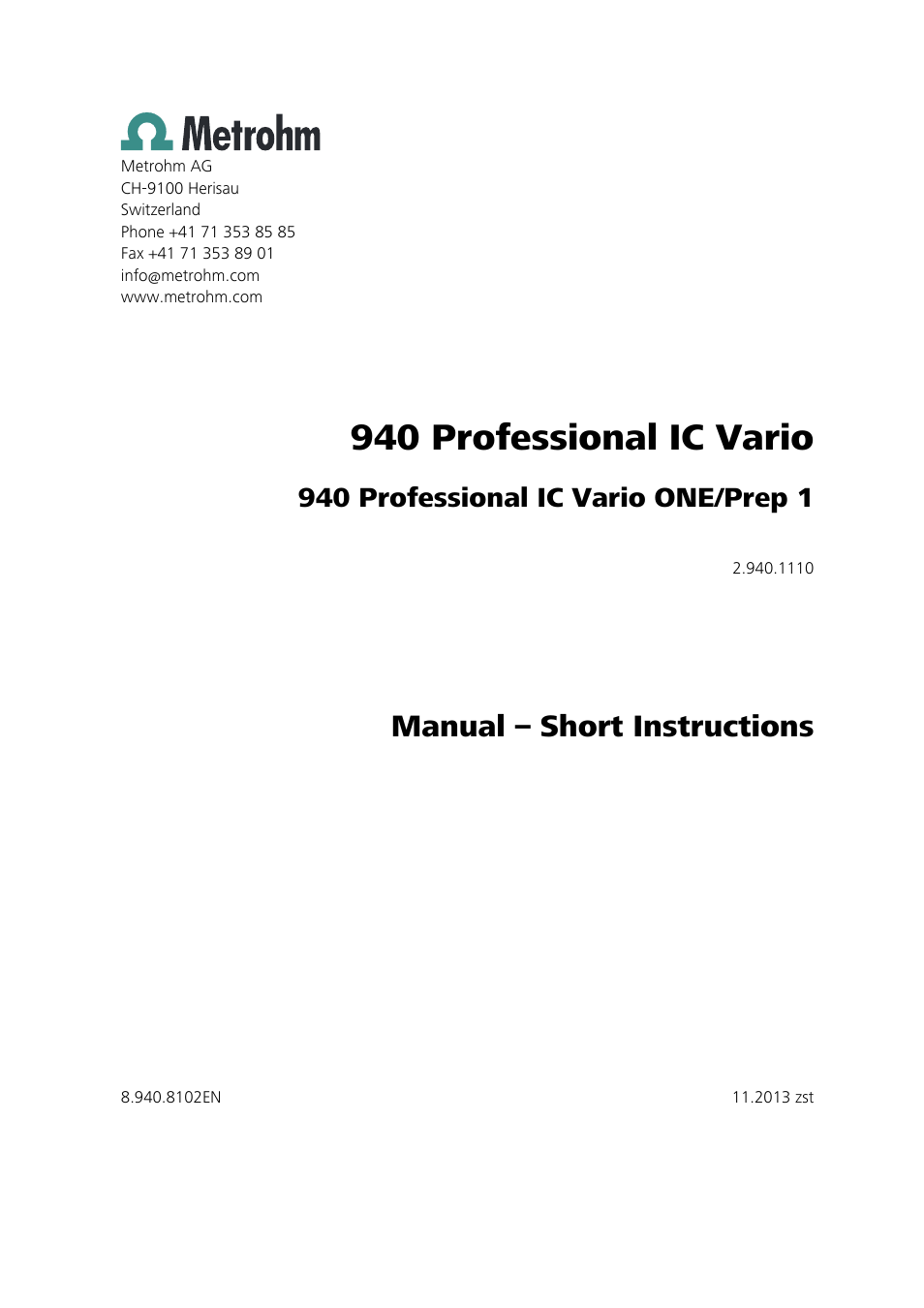 940 professional ic vario, Manual – short instructions, 940 professional ic vario one/prep 1 | Metrohm 940 Professional IC Vario ONE/Prep 1 User Manual | Page 3 / 45