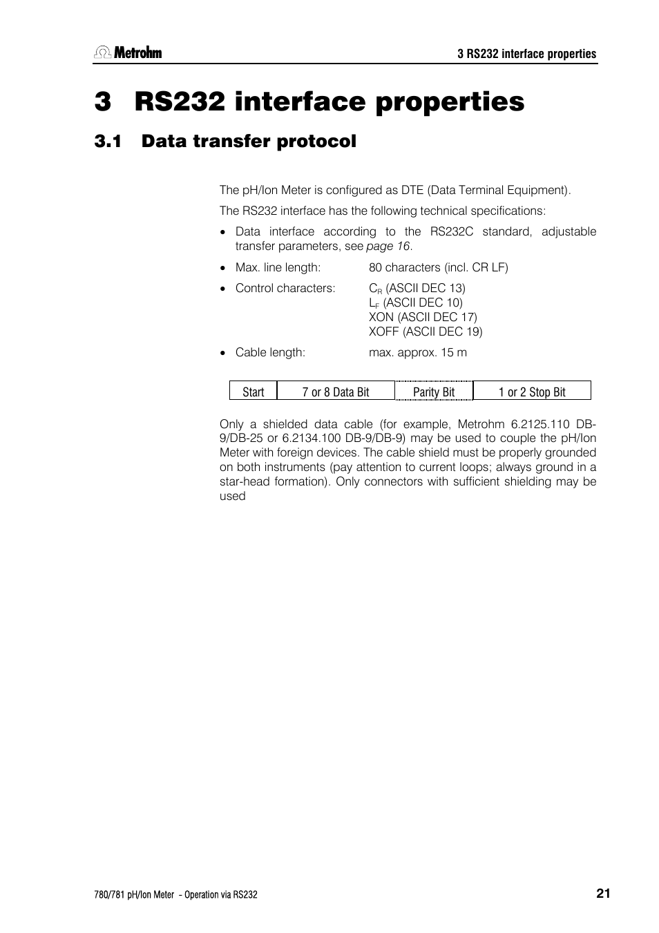 3 rs232 interface properties, 1 data transfer protocol, Rs232 interface properties | Data transfer protocol | Metrohm 781 pH/Ion Meter: Operation via RS-232 User Manual | Page 23 / 29