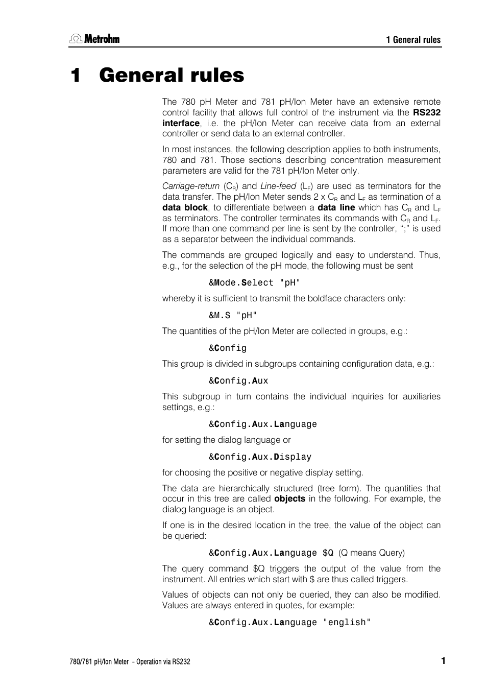 1 general rules, Call up of objects | Metrohm 781 pH/Ion Meter: Operation via RS-232 User Manual | Page 3 / 29