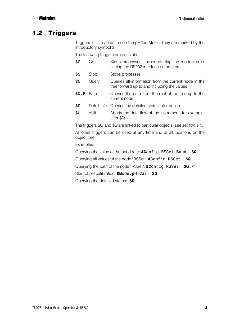 2 triggers, Triggers | Metrohm 781 pH/Ion Meter: Operation via RS-232 User Manual | Page 5 / 29