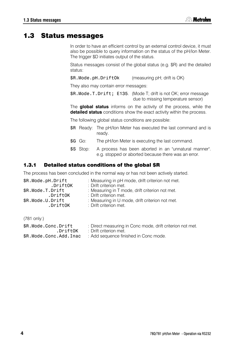 3 status messages, 1 detailed status conditions of the global $r, Status messages | Detailed status conditions of the global $r | Metrohm 781 pH/Ion Meter: Operation via RS-232 User Manual | Page 6 / 29