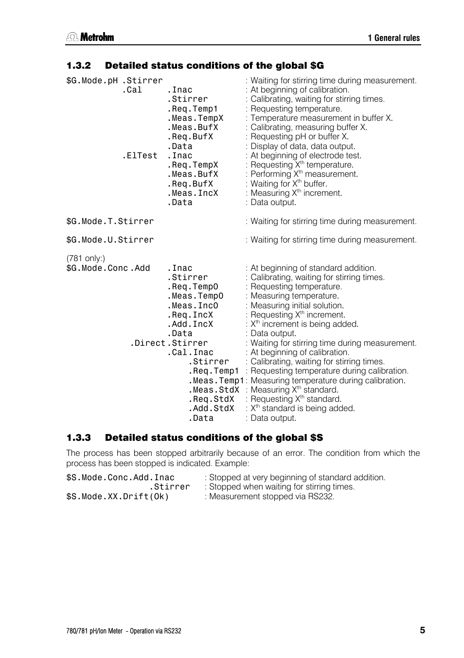 2 detailed status conditions of the global $g, 3 detailed status conditions of the global $s, Detailed status conditions of the global $g | Detailed status conditions of the global $s | Metrohm 781 pH/Ion Meter: Operation via RS-232 User Manual | Page 7 / 29