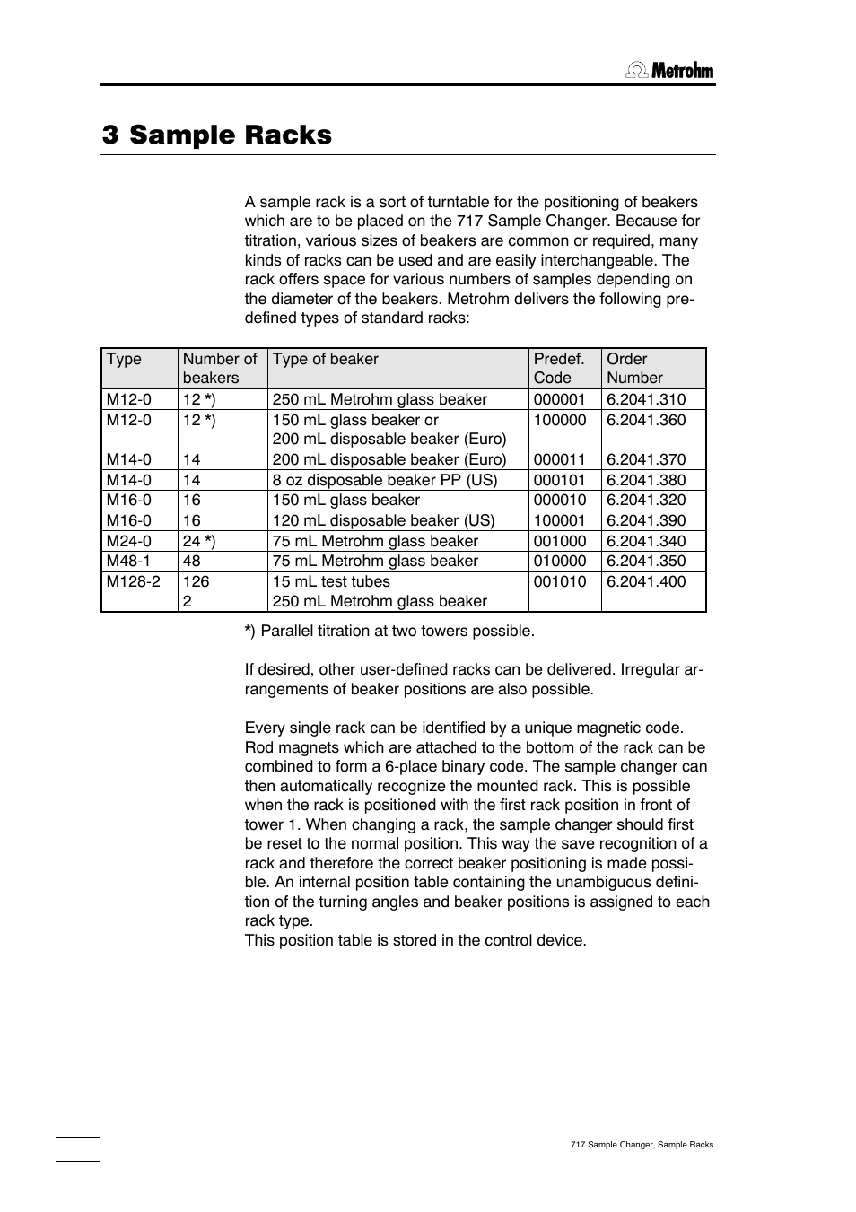 Ample racks, 3 sample racks | Metrohm 717 Sample Changer User Manual | Page 16 / 36