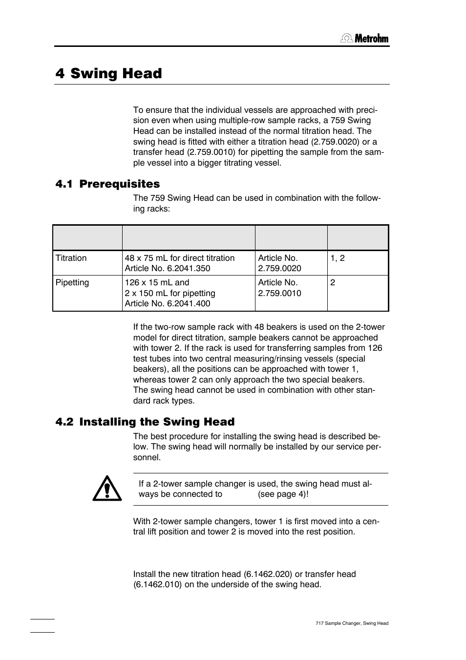 Wing, 1 prerequisites, 2 installing the swing head | 3 accessories for the titration head, 4 swing head | Metrohm 717 Sample Changer User Manual | Page 18 / 36