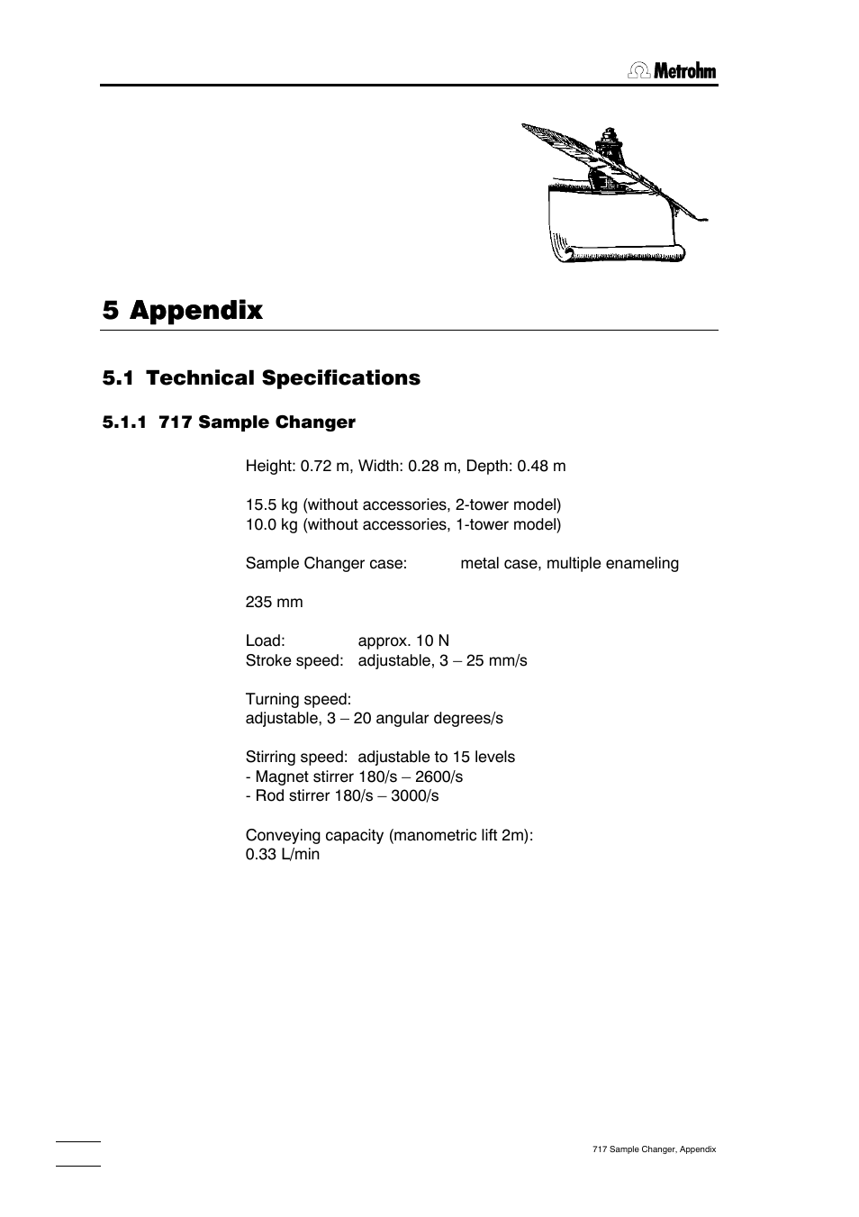 Ppendix, 1 technical specifications, 1 717 sample changer | 2 759 swing head, 2 servicing and maintenance, 1 servicing, 2 maintenance / attendance, 3 warranty and conformity, 1 warranty, 2 certificate of conformity and system validation | Metrohm 717 Sample Changer User Manual | Page 22 / 36