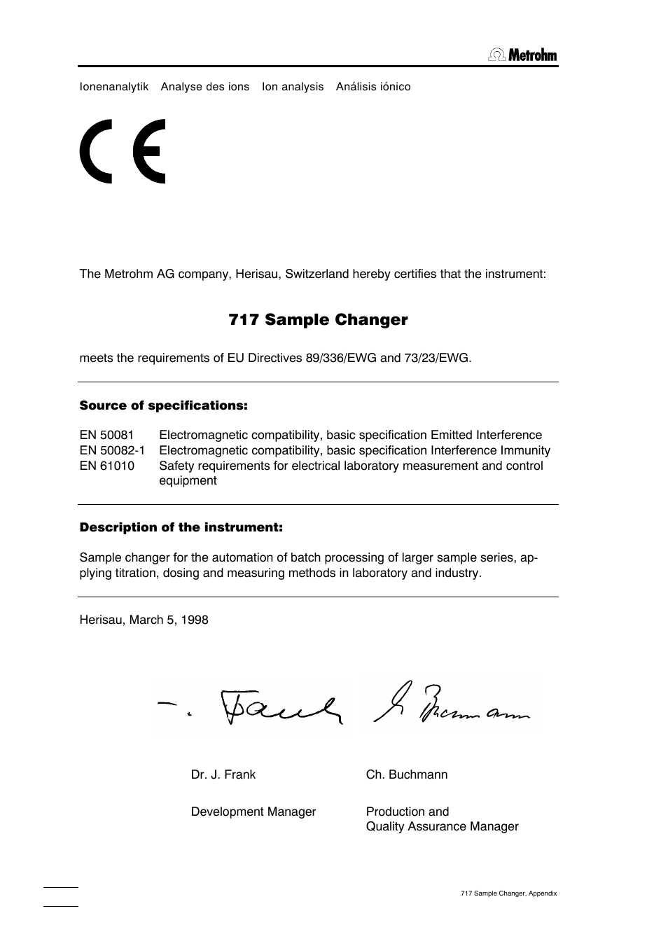 Eu declaration of conformity, 717 sample changer | Metrohm 717 Sample Changer User Manual | Page 28 / 36