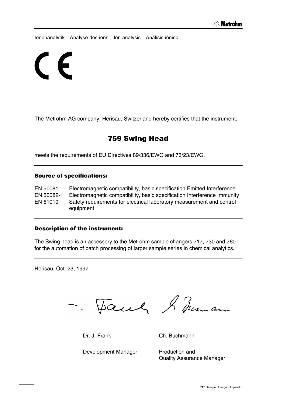 Eu declaration of conformity, 759 swing head | Metrohm 717 Sample Changer User Manual | Page 30 / 36