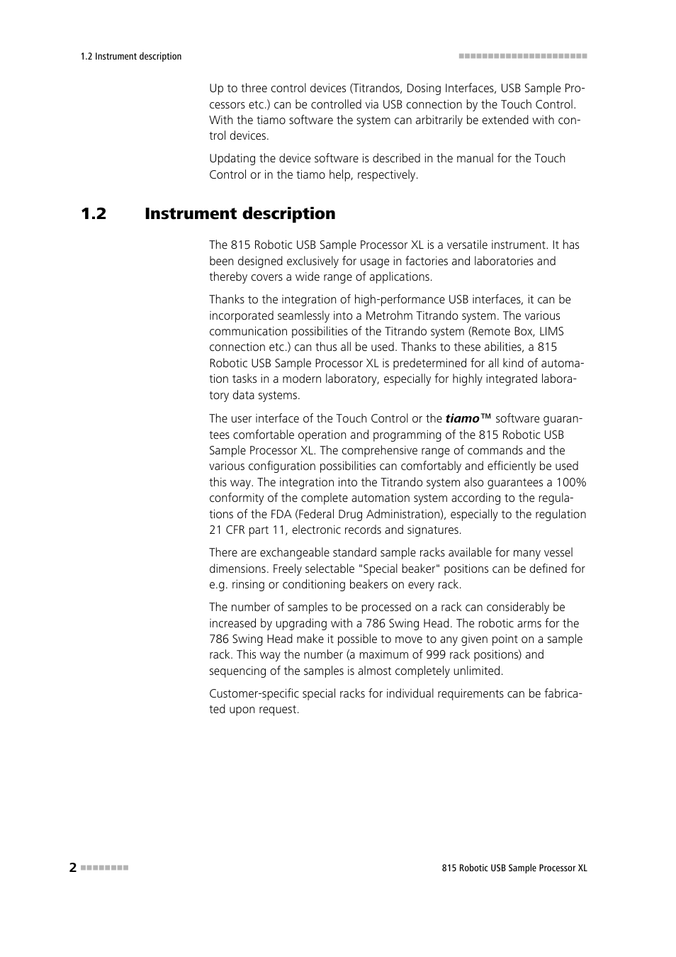 2 instrument description, Instrument description | Metrohm 815 Robotic USB Sample Processor XL User Manual | Page 10 / 113