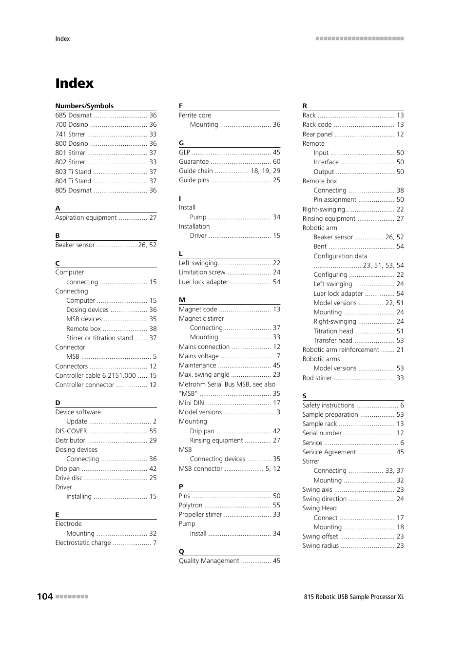Index | Metrohm 815 Robotic USB Sample Processor XL User Manual | Page 112 / 113