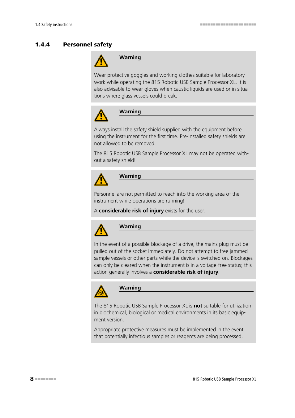 4 personnel safety, Personnel safety | Metrohm 815 Robotic USB Sample Processor XL User Manual | Page 16 / 113