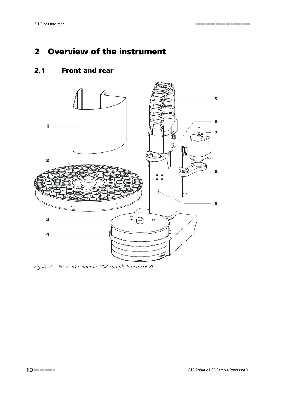 2 overview of the instrument, 1 front and rear, Front and rear | Figure 2, Front 815 robotic usb sample processor xl | Metrohm 815 Robotic USB Sample Processor XL User Manual | Page 18 / 113