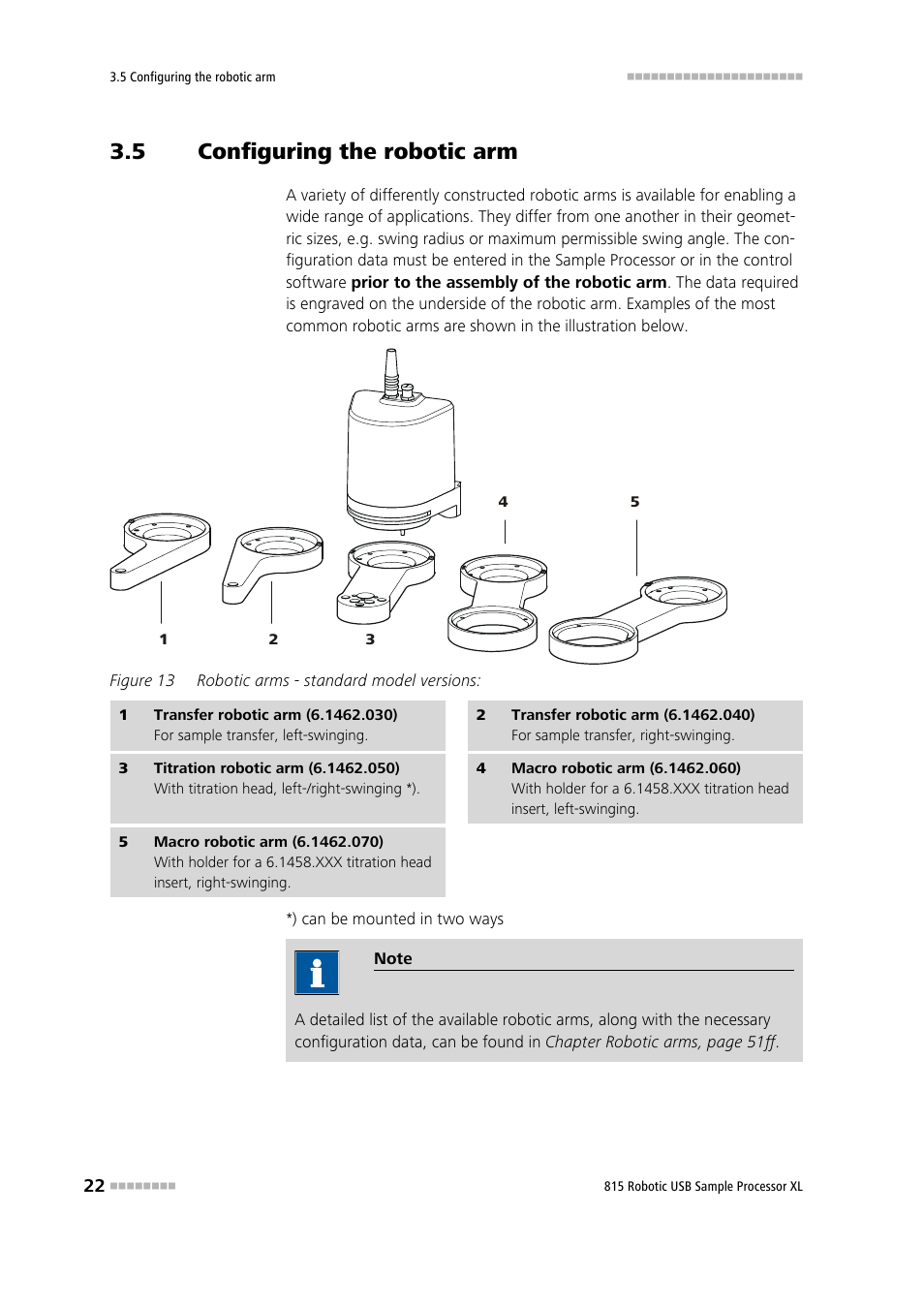 5 configuring the robotic arm, Configuring the robotic arm, Figure 13 | Robotic arms - standard model versions | Metrohm 815 Robotic USB Sample Processor XL User Manual | Page 30 / 113
