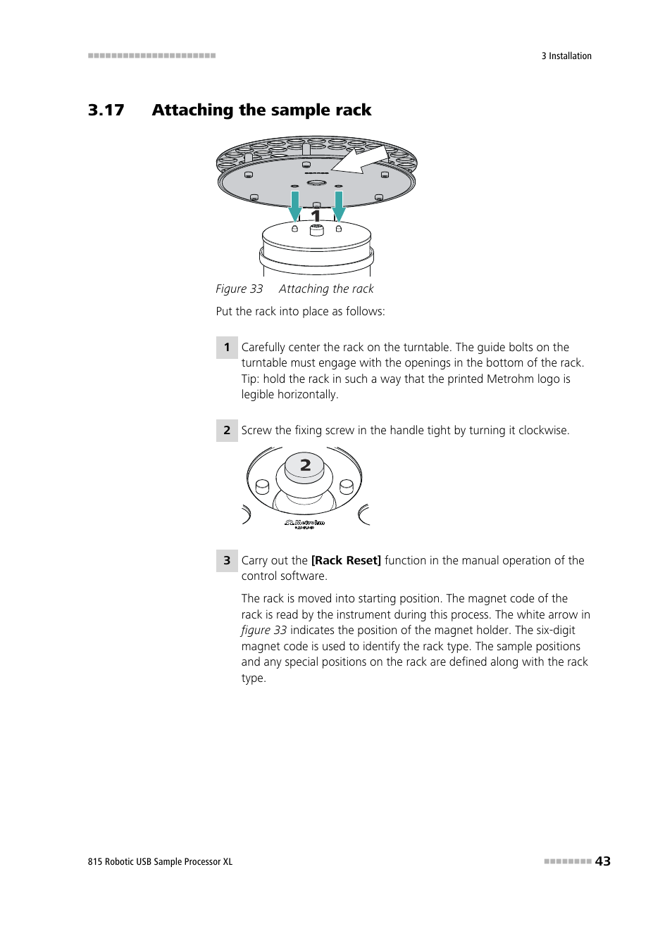 17 attaching the sample rack, Figure 33, Attaching the rack | Metrohm 815 Robotic USB Sample Processor XL User Manual | Page 51 / 113