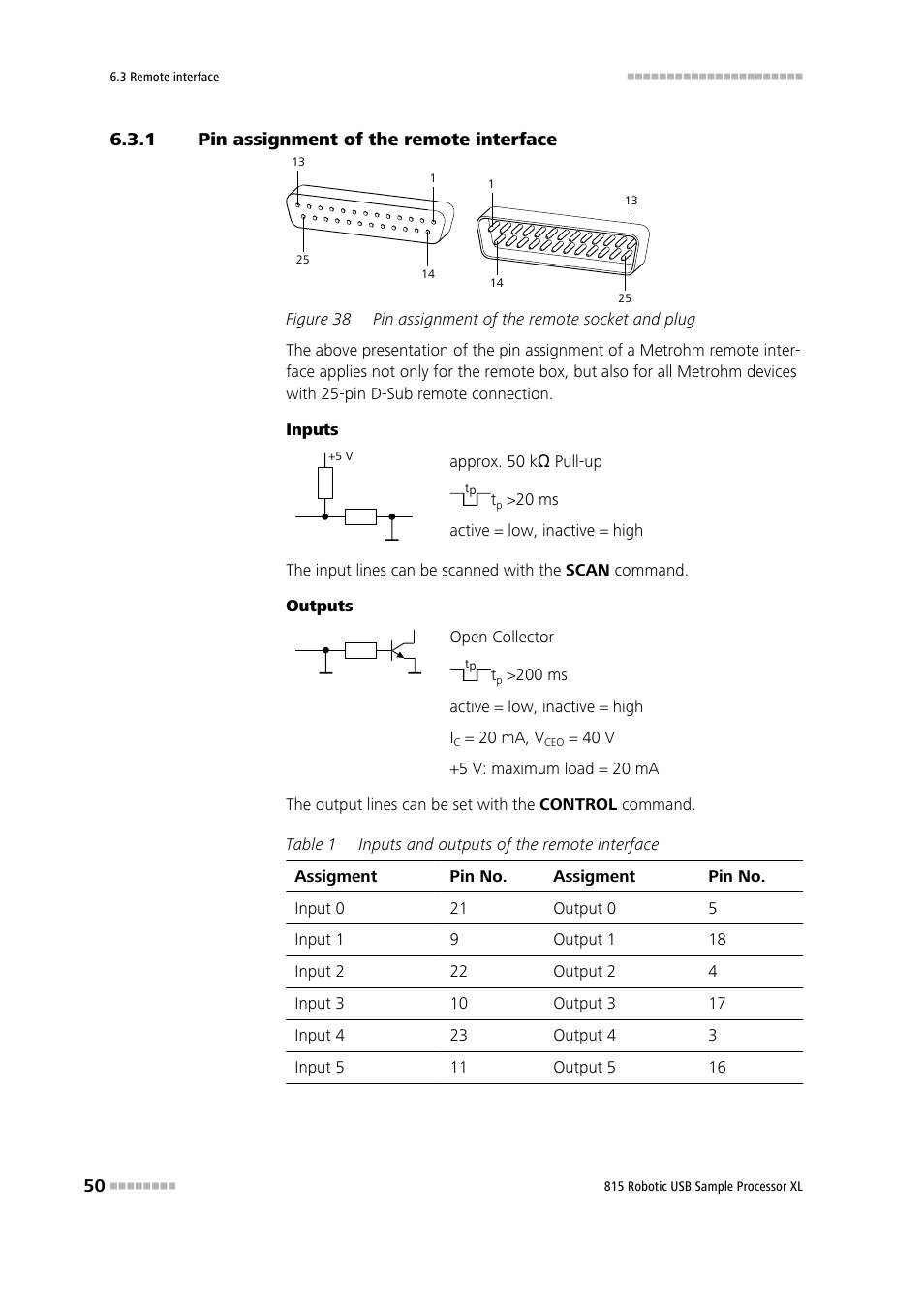 1 pin assignment of the remote interface, Pin assignment of the remote interface, Figure 38 | Pin assignment of the remote socket and plug | Metrohm 815 Robotic USB Sample Processor XL User Manual | Page 58 / 113