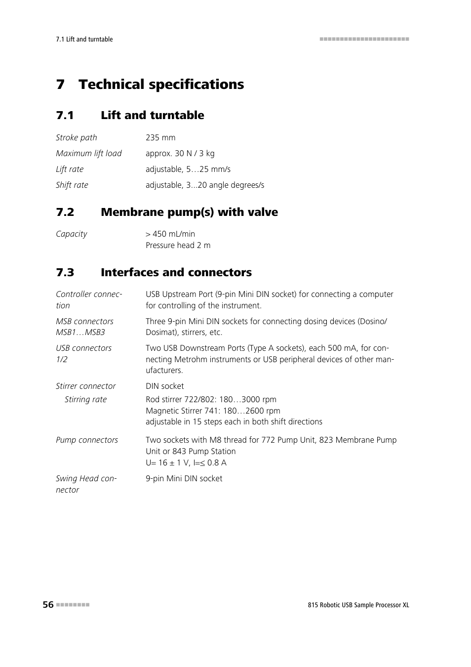 7 technical specifications, 1 lift and turntable, 2 membrane pump(s) with valve | 3 interfaces and connectors, Lift and turntable, Membrane pump(s) with valve, Interfaces and connectors | Metrohm 815 Robotic USB Sample Processor XL User Manual | Page 64 / 113