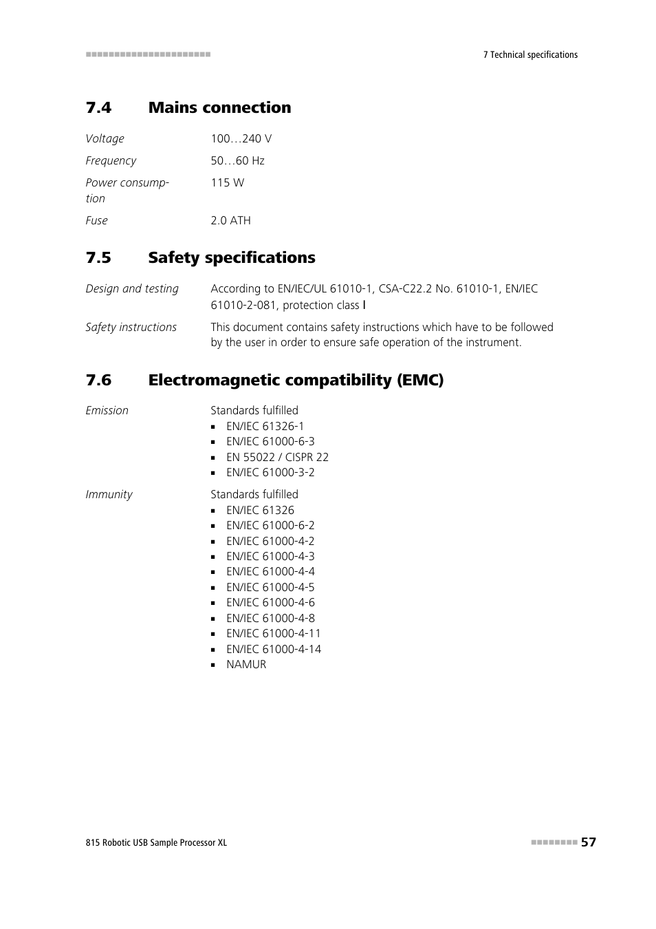 4 mains connection, 5 safety specifications, 6 electromagnetic compatibility (emc) | Mains connection, Safety specifications, Electromagnetic compatibility (emc) | Metrohm 815 Robotic USB Sample Processor XL User Manual | Page 65 / 113