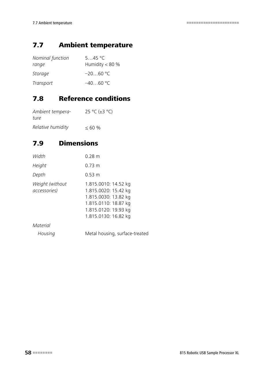 7 ambient temperature, 8 reference conditions, 9 dimensions | Ambient temperature, Reference conditions, Dimensions | Metrohm 815 Robotic USB Sample Processor XL User Manual | Page 66 / 113