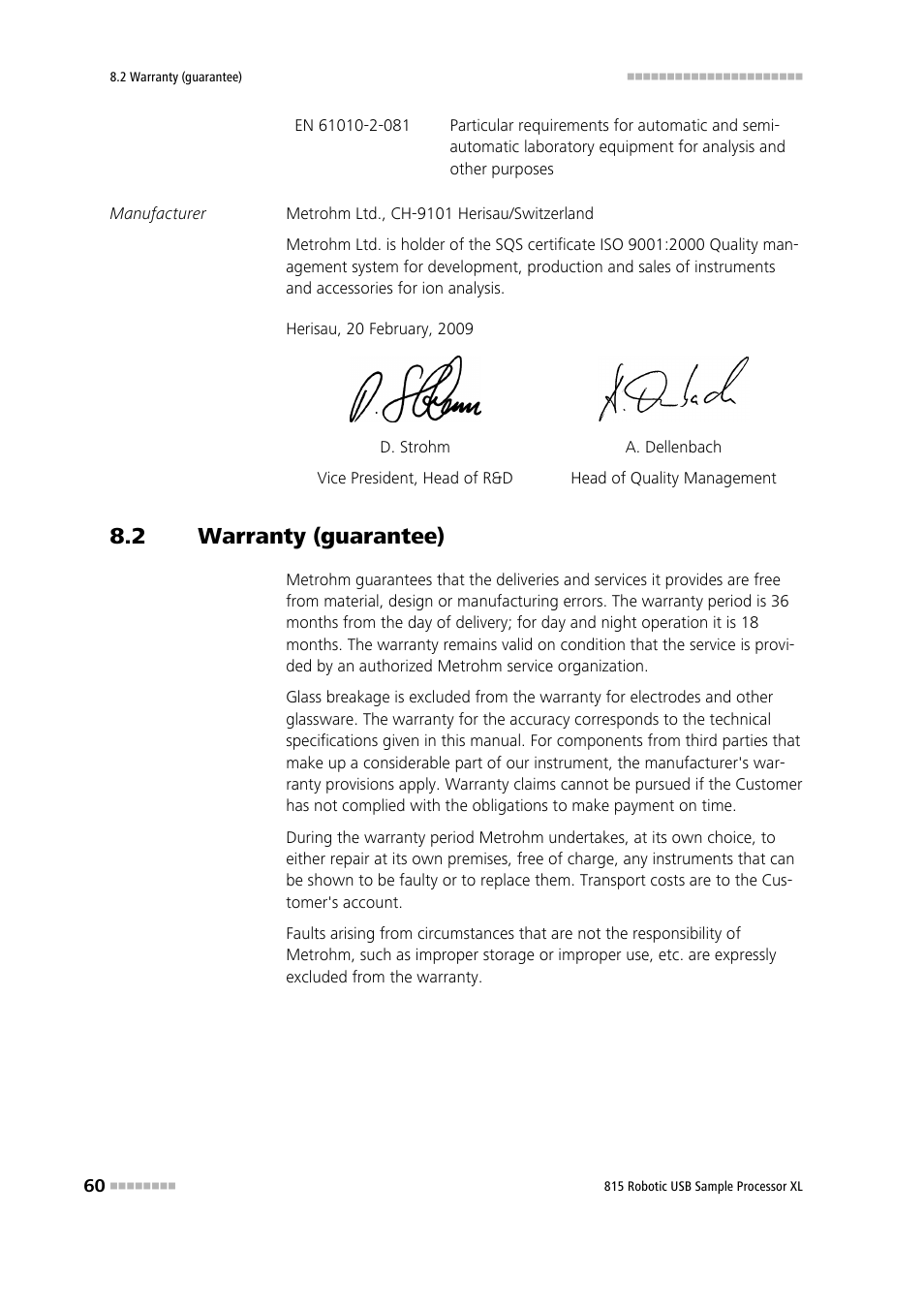 2 warranty (guarantee), Warranty (guarantee) | Metrohm 815 Robotic USB Sample Processor XL User Manual | Page 68 / 113
