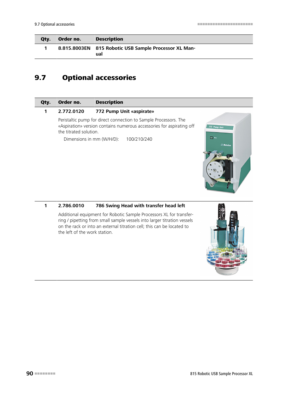 7 optional accessories, Optional accessories | Metrohm 815 Robotic USB Sample Processor XL User Manual | Page 98 / 113