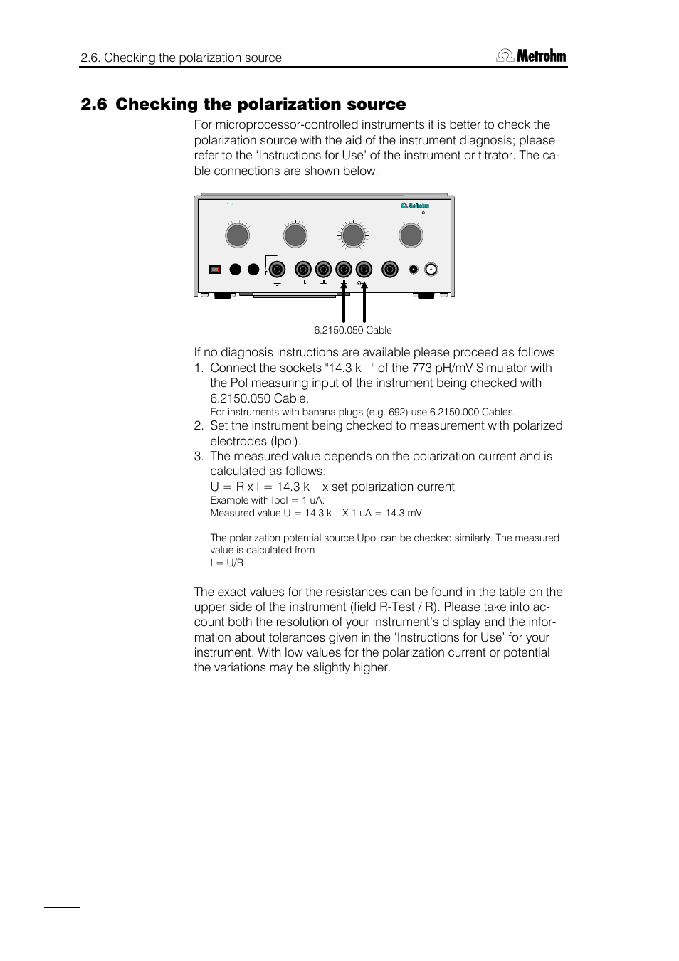 6 checking the polarization source, Checking the polarization source | Metrohm 773 pH/mV Simulator User Manual | Page 10 / 18