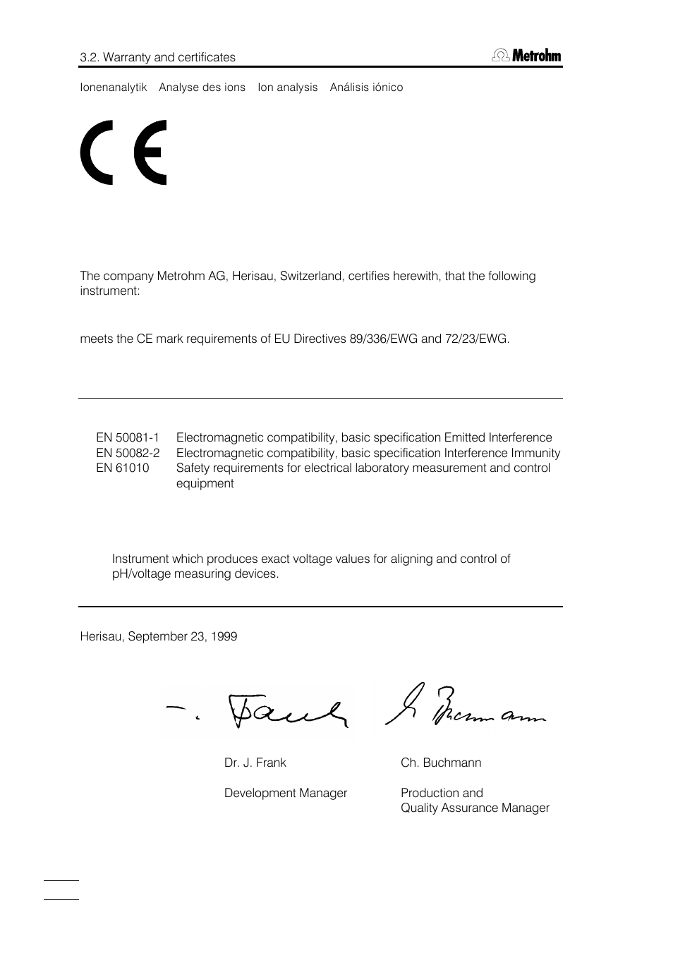 Eu declaration of conformity, 773 ph/mv simulator | Metrohm 773 pH/mV Simulator User Manual | Page 16 / 18