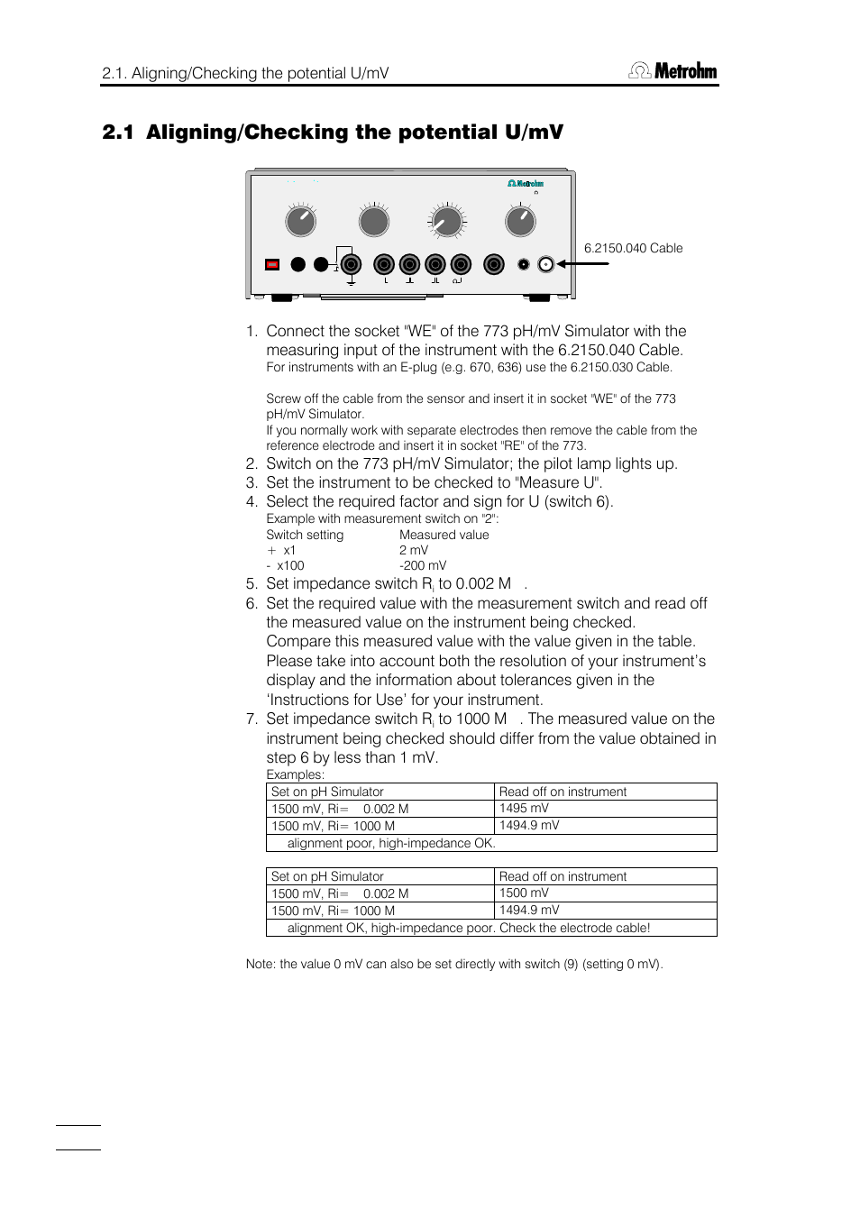 1 aligning/checking the potential u/mv, Aligning/checking the potential u/mv, Set impedance switch r | Metrohm 773 pH/mV Simulator User Manual | Page 6 / 18