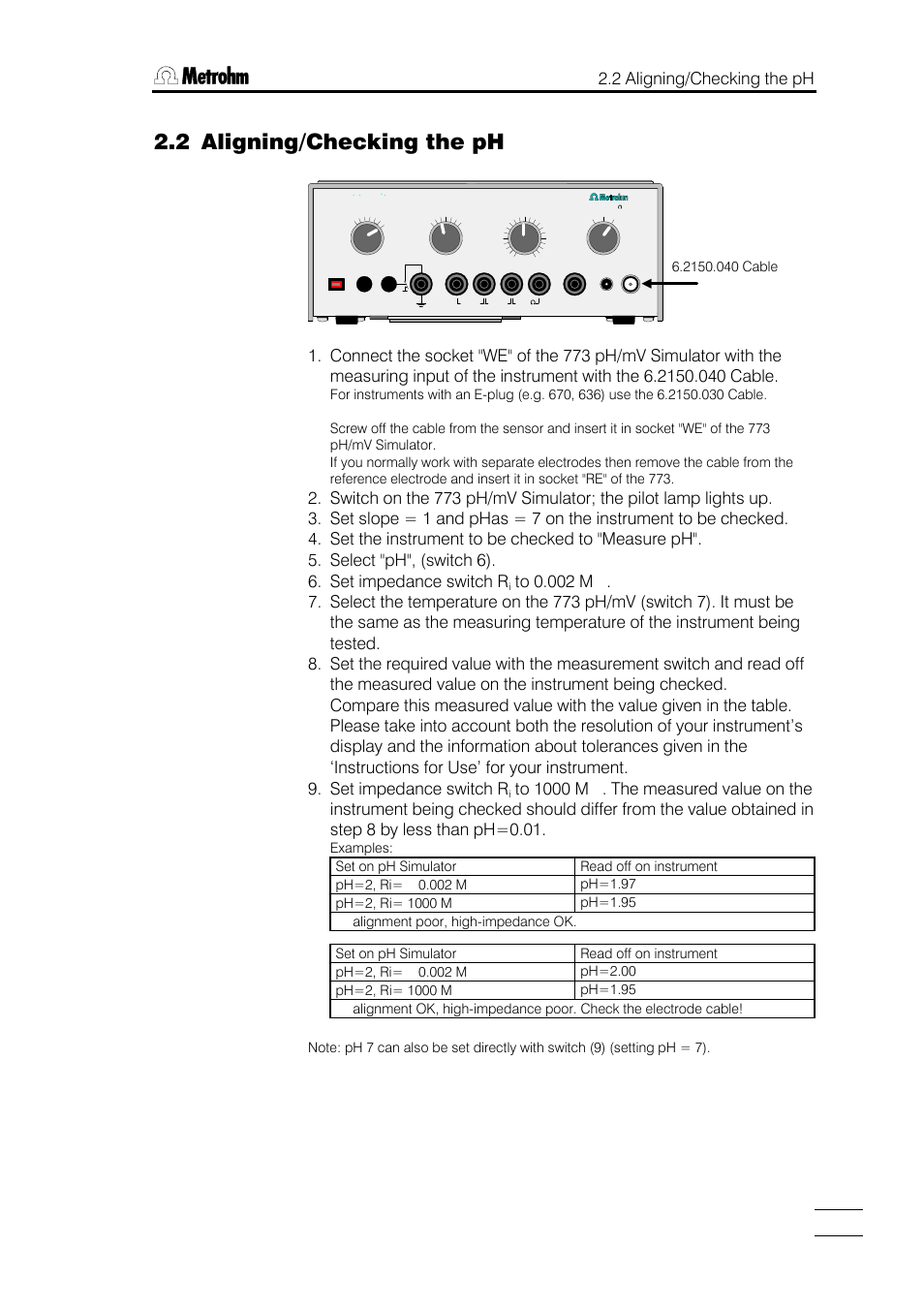 2 aligning/checking the ph | Metrohm 773 pH/mV Simulator User Manual | Page 7 / 18