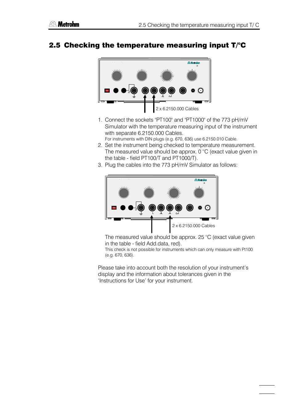 5 checking the temperature measuring input t/°c, 5 checking the temperature measuring input t/ c | Metrohm 773 pH/mV Simulator User Manual | Page 9 / 18