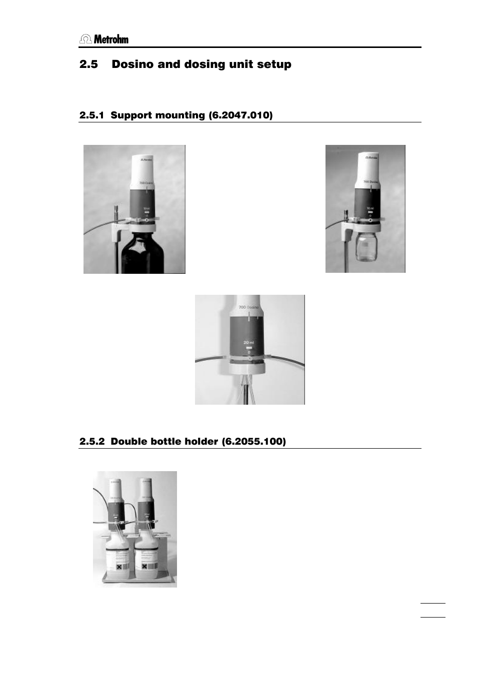 5 dosino and dosing unit setup, 1 support mounting (6.2047.010), 2 double bottle holder (6.2055.100) | Metrohm 700 Dosino User Manual | Page 27 / 55